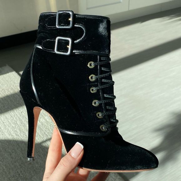 Aquazzura Elena Velvet Ankle Lace-Up Boots in Black Size 36 - Picture 3 of 11